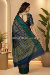 Navy Blue & Antique Gold Banarasi Cotton Patola Saree with all over paisley buti