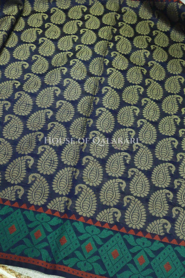 Navy Blue & Antique Gold Banarasi Cotton Patola Saree with all over paisley buti