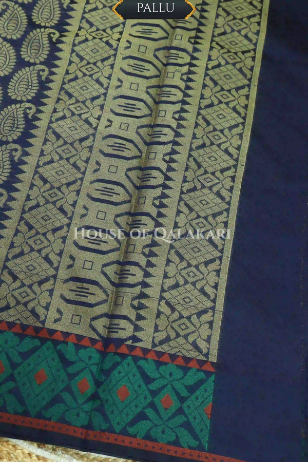 Navy Blue & Antique Gold Banarasi Cotton Patola Saree with all over paisley buti