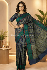 Navy Blue & Antique Gold Banarasi Cotton Patola Saree with all over paisley buti