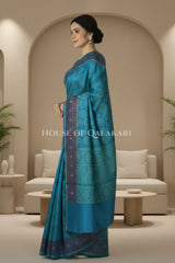 Aqua Blue & Steel Blue Banarasi Cotton Patola Saree with all over paisley buti