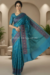 Aqua Blue & Steel Blue Banarasi Cotton Patola Saree with all over paisley buti