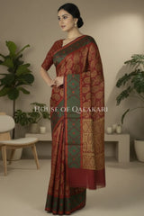 Maroon Red & Antique Gold Banarasi Cotton Patola Saree with all over paisley buti