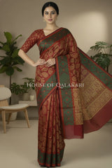 Maroon Red & Antique Gold Banarasi Cotton Patola Saree with all over paisley buti