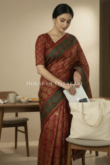 Maroon Red & Antique Gold Banarasi Cotton Patola Saree with all over paisley buti