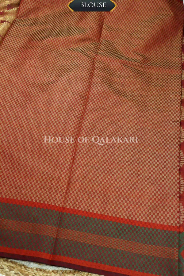 Maroon Red & Antique Gold Banarasi Cotton Patola Saree with all over paisley buti