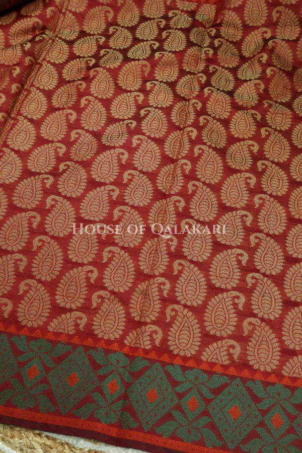 Maroon Red & Antique Gold Banarasi Cotton Patola Saree with all over paisley buti