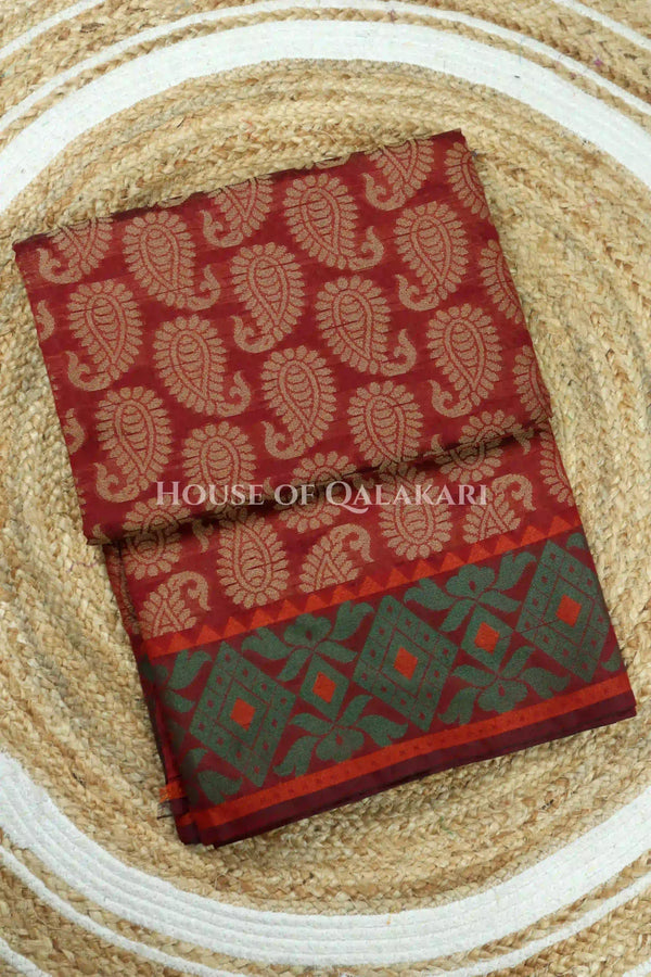 Maroon Red & Antique Gold Banarasi Cotton Patola Saree with all over paisley buti