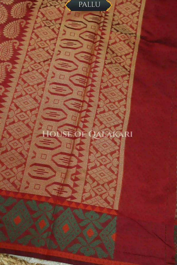 Maroon Red & Antique Gold Banarasi Cotton Patola Saree with all over paisley buti