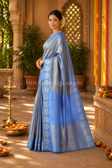 Banarasi Plain Tissue Sarees with Zari Buti border and plain pallu in Powder Blue