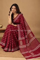 Deep Wine Floral Sprig Bagru Mulmul Cotton Saree with white prints