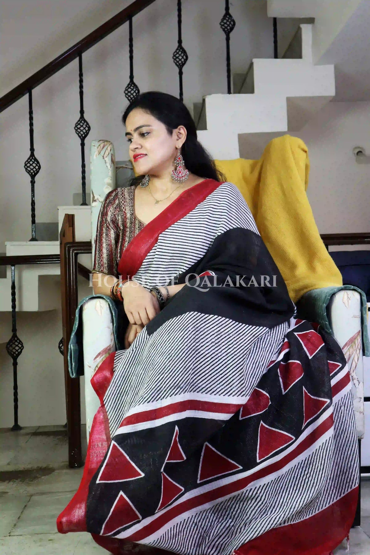 Pure Hand Block Printed Linen Cotton Saree  Abstract Geometric Design-Black