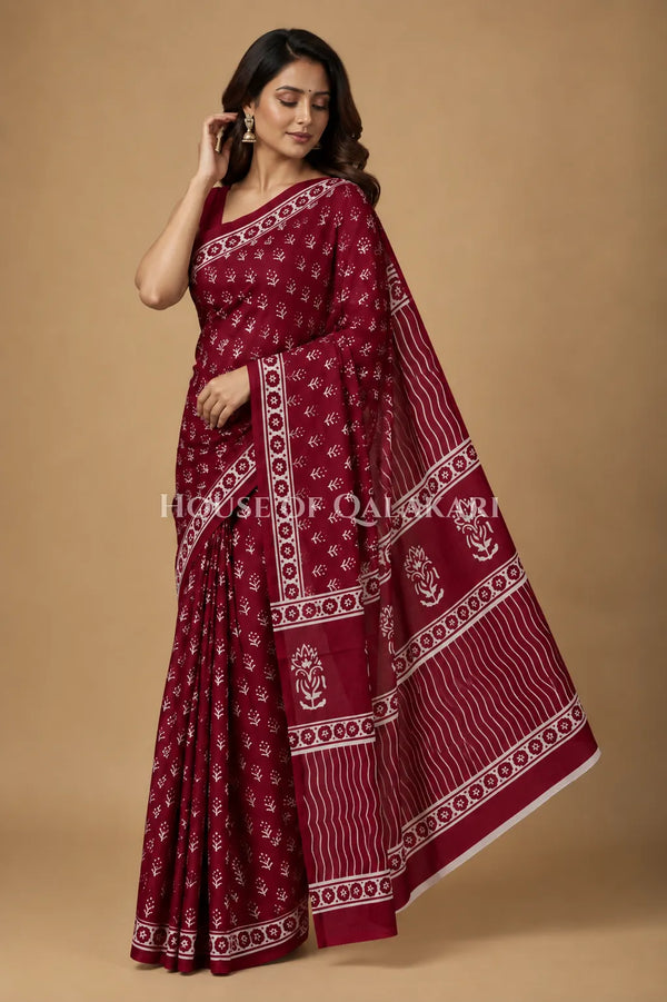 Deep Wine Floral Sprig Bagru Mulmul Cotton Saree with white prints