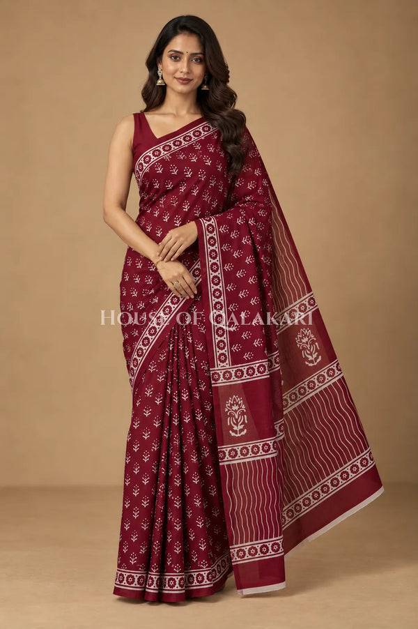 Deep Wine Floral Sprig Bagru Mulmul Cotton Saree with white prints