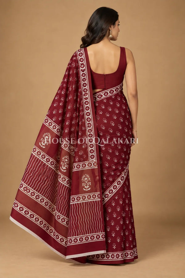 Deep Wine Floral Sprig Bagru Mulmul Cotton Saree with white prints