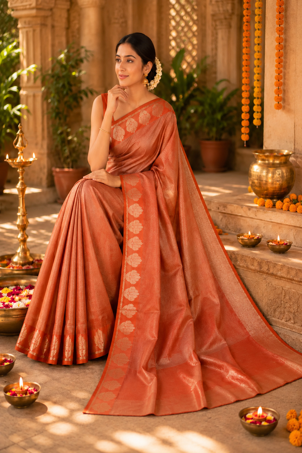 Banarasi Plain Tissue Sarees with Zari buta border and plain pallu in Copper blush
