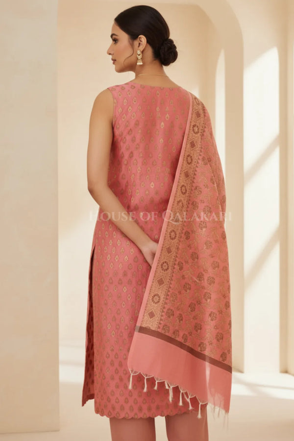 Chanderi Cotton Banarasi Unstitched Dress Material- Peach with defined Neck Design