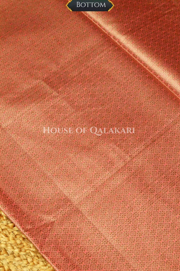 Chanderi Cotton Banarasi Unstitched Dress Material- Peach with defined Neck Design