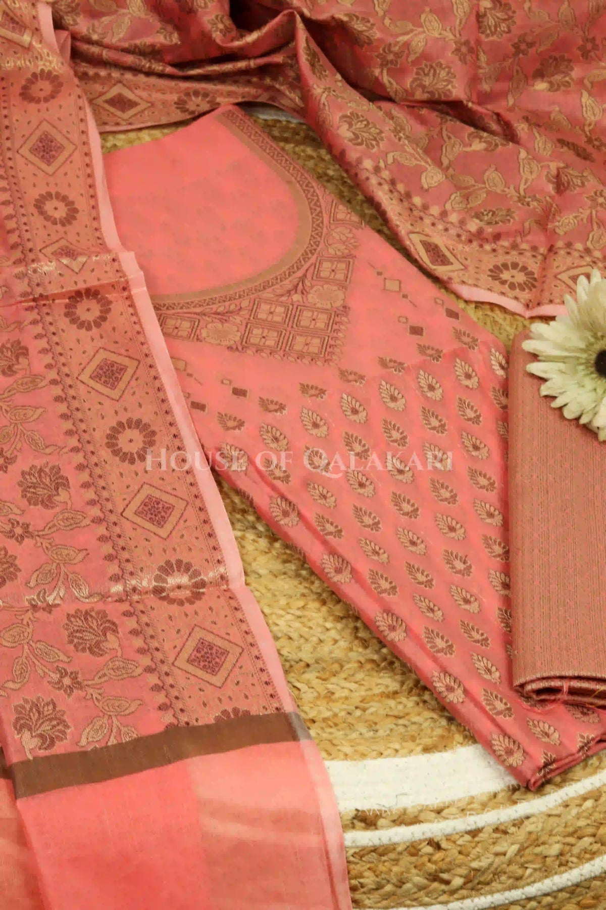 Chanderi Cotton Banarasi Unstitched Dress Material- Peach with defined Neck Design