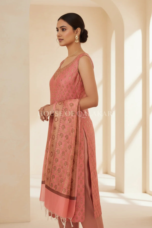 Chanderi Cotton Banarasi Unstitched Dress Material- Peach with defined Neck Design