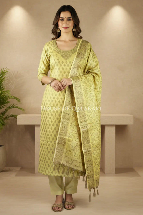 Chanderi Cotton Banarasi Unstitched Dress Material- Lemon Yellow with Neck design and floral bel design