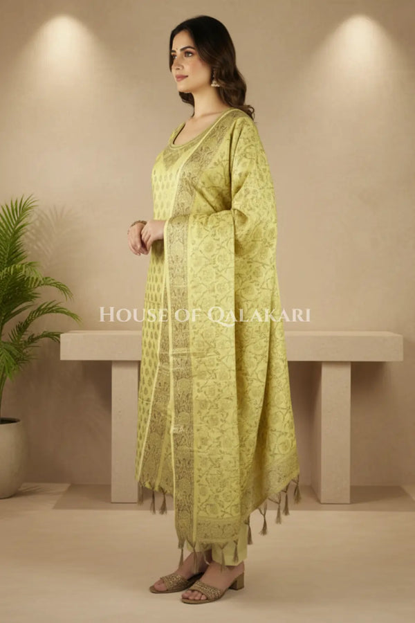 Chanderi Cotton Banarasi Unstitched Dress Material- Lemon Yellow with Neck design and floral bel design
