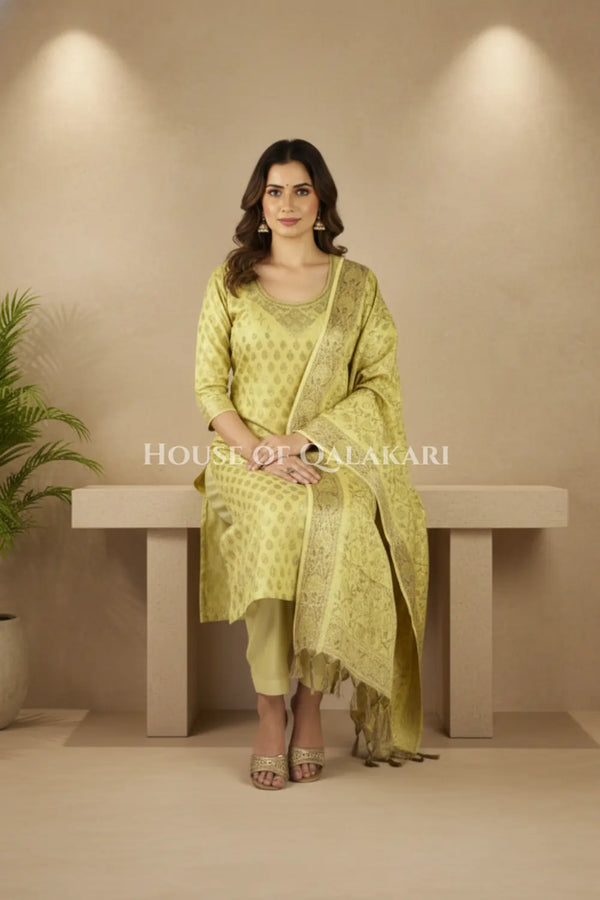 Chanderi Cotton Banarasi Unstitched Dress Material- Lemon Yellow with Neck design and floral bel design
