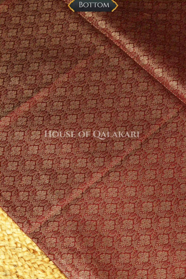 Chanderi Cotton Banarasi Unstitched Dress Material- Maroon with Neck design and floral bel design