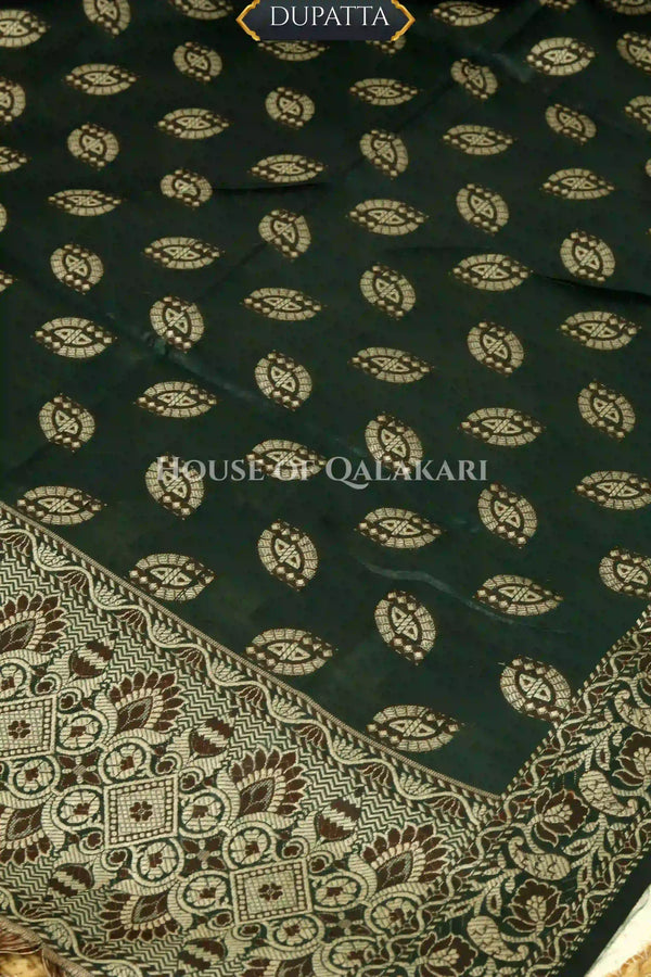 Chanderi Cotton Banarasi Unstitched Dress Material- Bottle Green Jacquard Design
