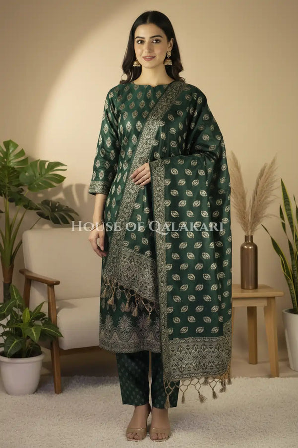 Chanderi Cotton Banarasi Unstitched Dress Material- Bottle Green Jacquard Design