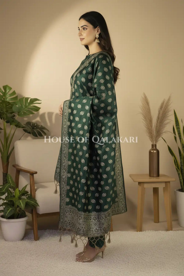 Chanderi Cotton Banarasi Unstitched Dress Material- Bottle Green Jacquard Design