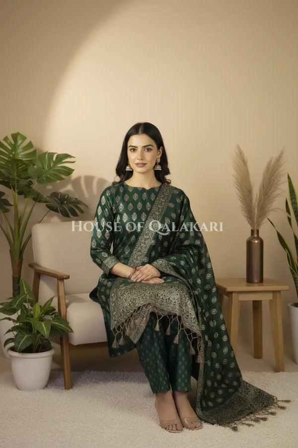 Chanderi Cotton Banarasi Unstitched Dress Material- Bottle Green Jacquard Design