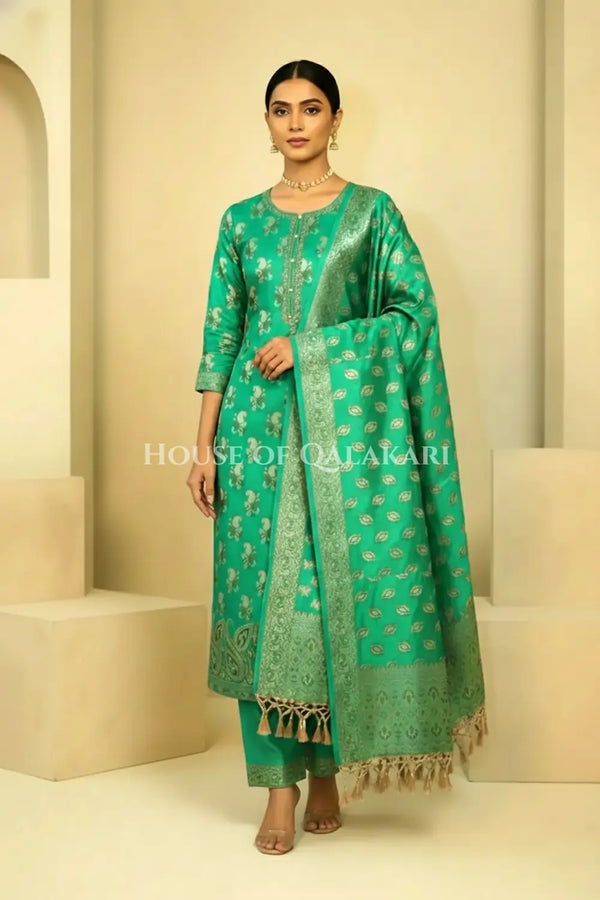 Chanderi Cotton Banarasi Unstitched Dress Material- Sea Green Jacquard Design