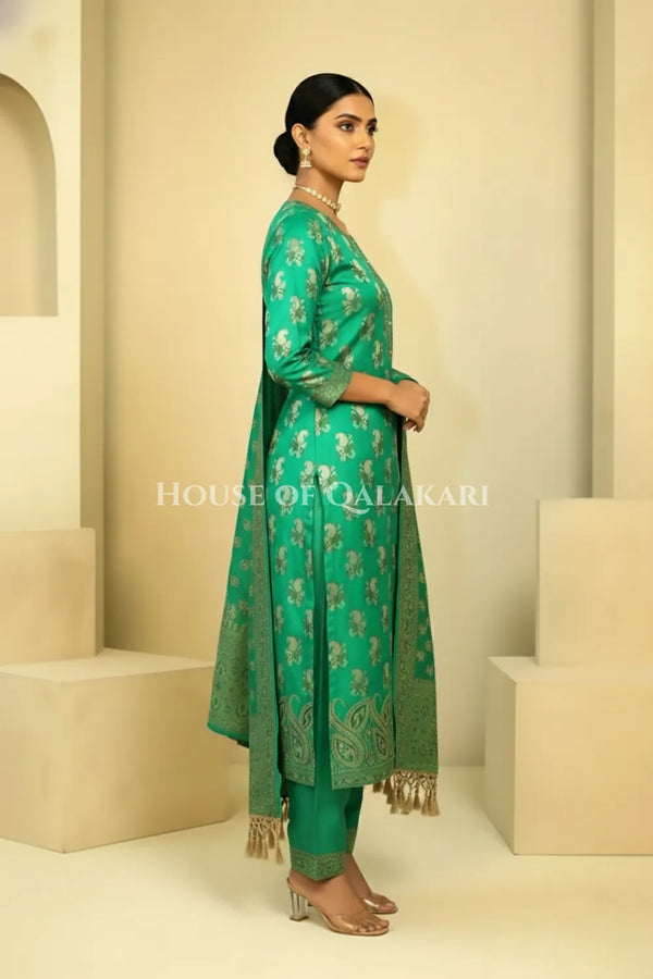 Chanderi Cotton Banarasi Unstitched Dress Material- Sea Green Jacquard Design