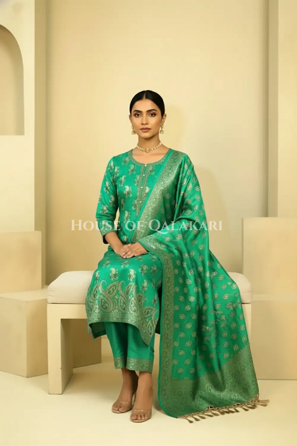 Chanderi Cotton Banarasi Unstitched Dress Material- Sea Green Jacquard Design