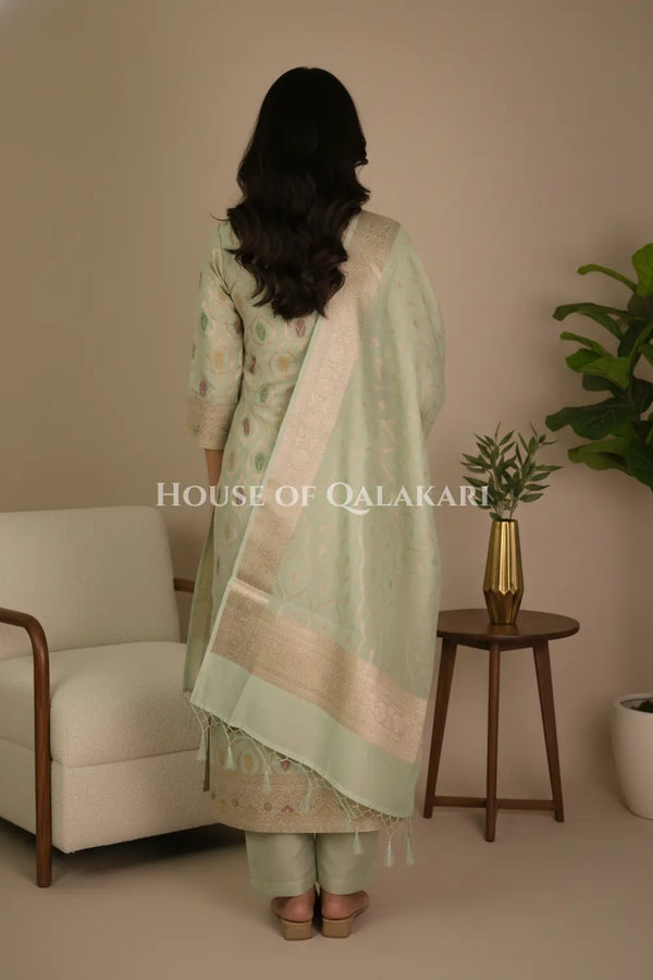 Chanderi Cotton Banarasi Unstitched Dress Material- Sea Green Zari Work