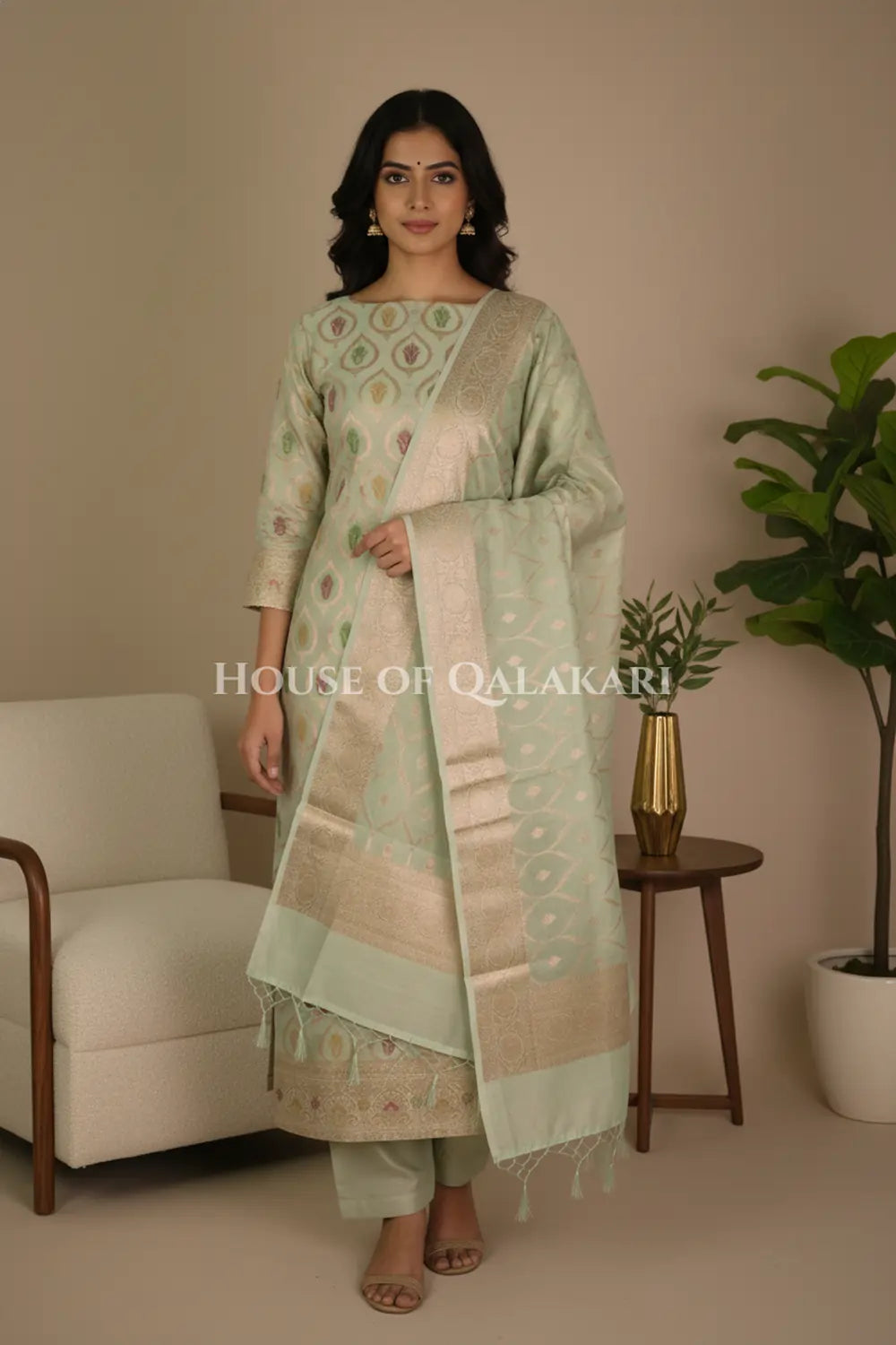 Chanderi Cotton Banarasi Dress materials- Sea Green Zari Work