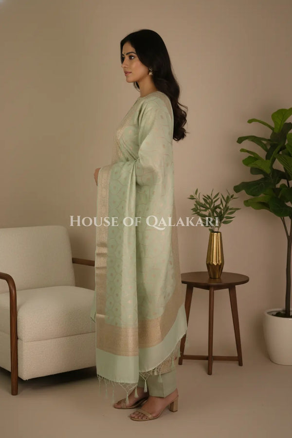 Chanderi Cotton Banarasi Unstitched Dress Material- Sea Green Zari Work