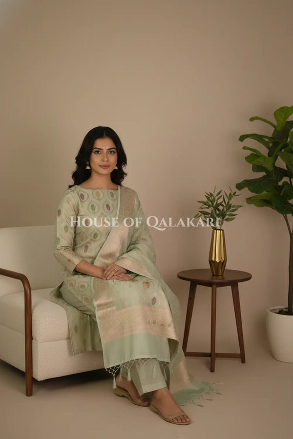 Chanderi Cotton Banarasi Unstitched Dress Material- Sea Green Zari Work