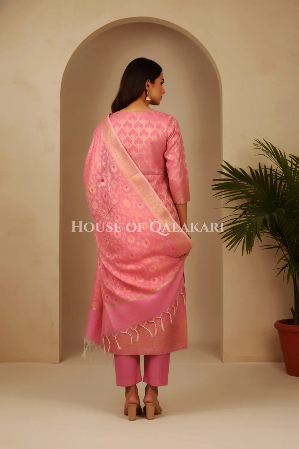Pink Banarasi Chanderi Cotton Unstitched Dress Material with Zari Work – back pose