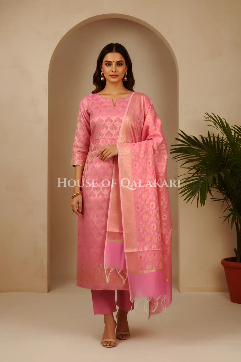 Pink Banarasi Chanderi Cotton Unstitched Dress Material with Zari Work – front pose