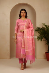 Pink Banarasi Chanderi Cotton Unstitched Dress Material with Zari Work – front pose