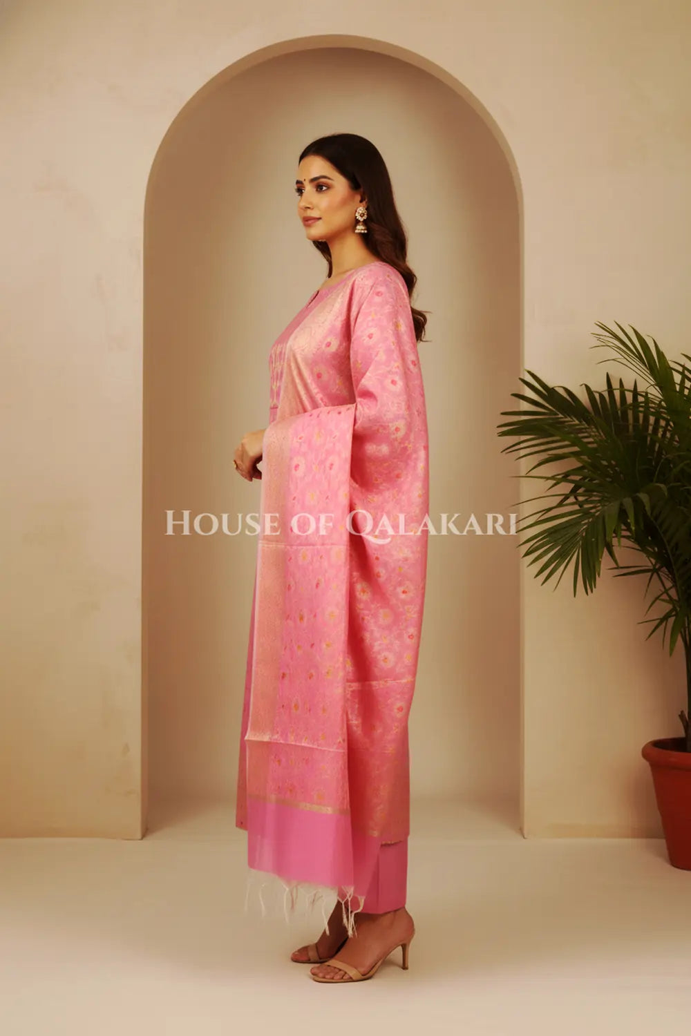 Pink Banarasi Chanderi Cotton Unstitched Dress Material with Zari Work – side pose