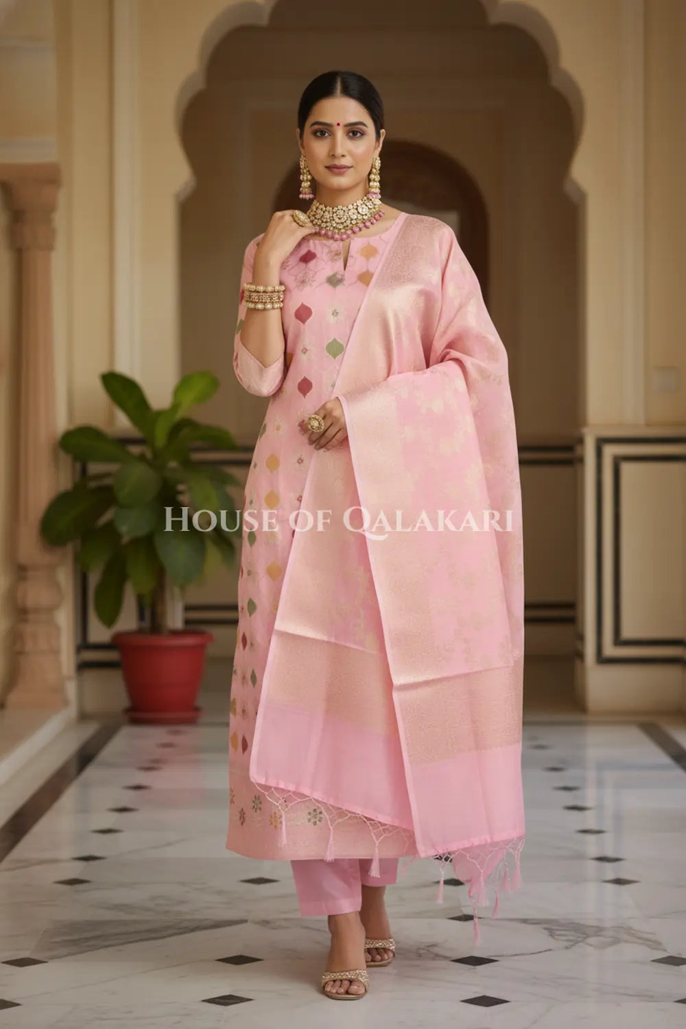 Banarasi Chanderi Cotton Unstitched Dress Material in Baby Pink and with matching zari floral jaal dupatta – front pose