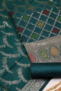 Banarasi Chanderi Cotton Unstitched Dress Material in Bottle Green and with matching floral vine jaal dupatta – product