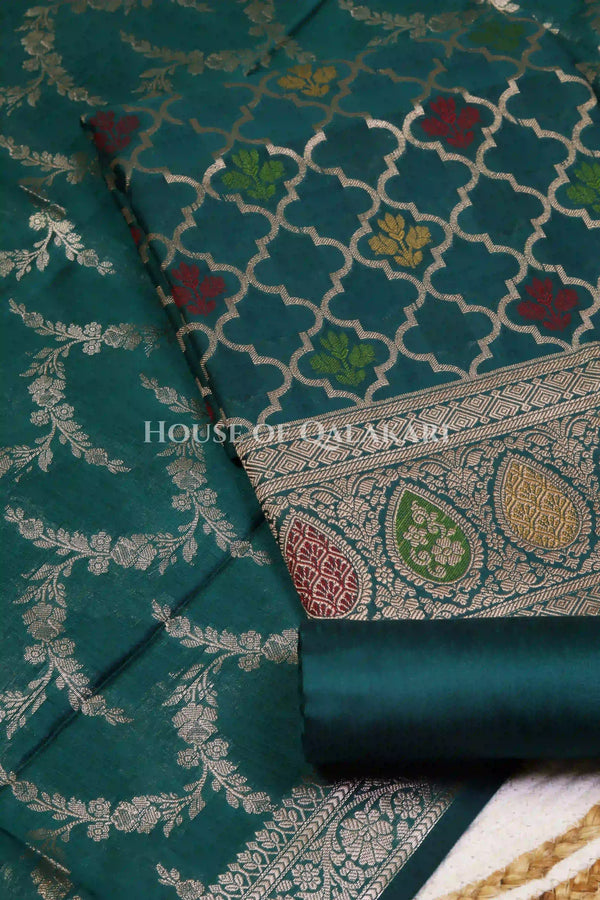 Banarasi Chanderi Cotton Unstitched Dress Material in Bottle Green and with matching floral vine jaal dupatta – product