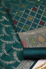 Banarasi Chanderi Cotton Unstitched Dress Material in Bottle Green and with matching floral vine jaal dupatta – product