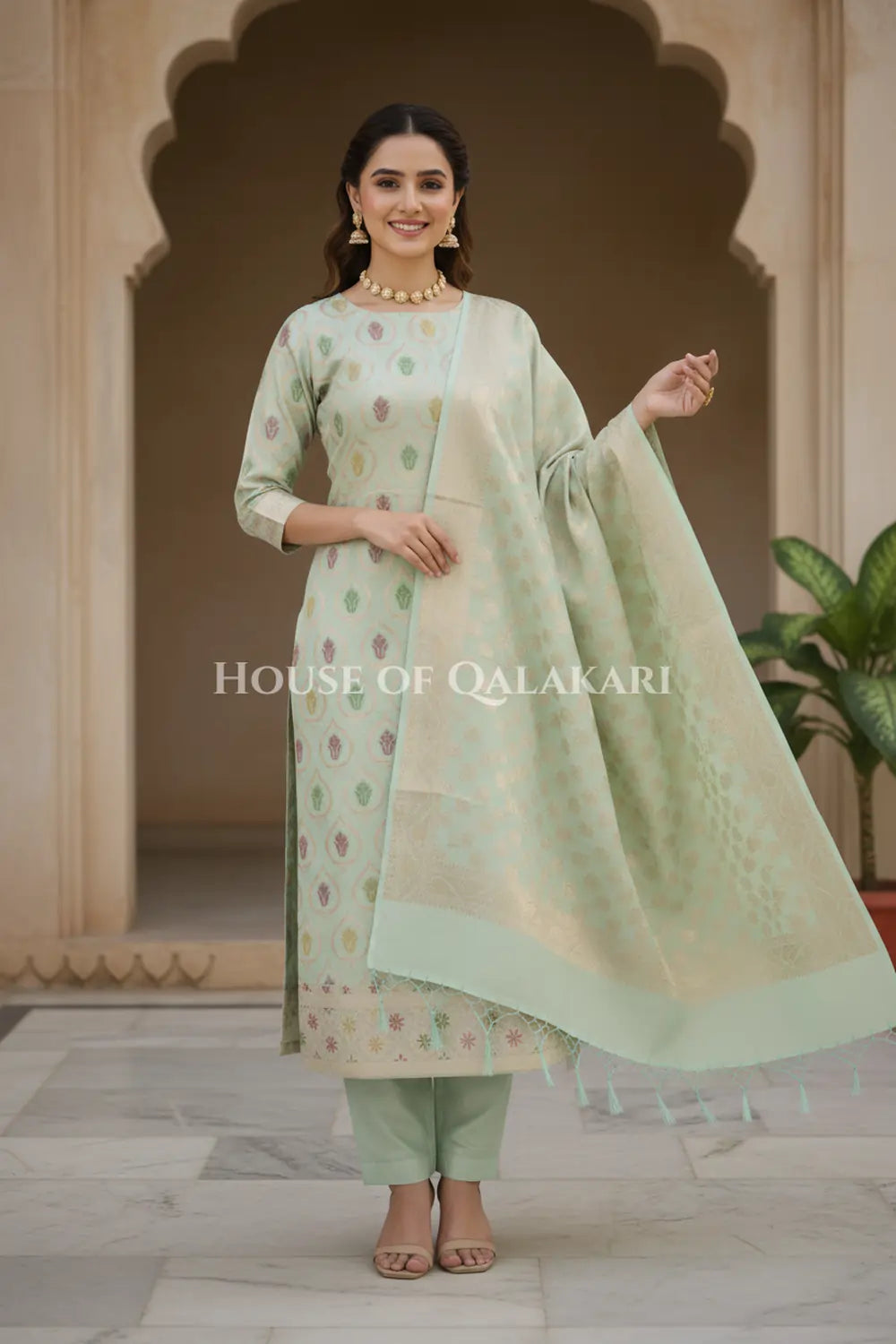 Chanderi Cotton Unstitched Dress Material in Light Sea Green colour-House of Qalakari