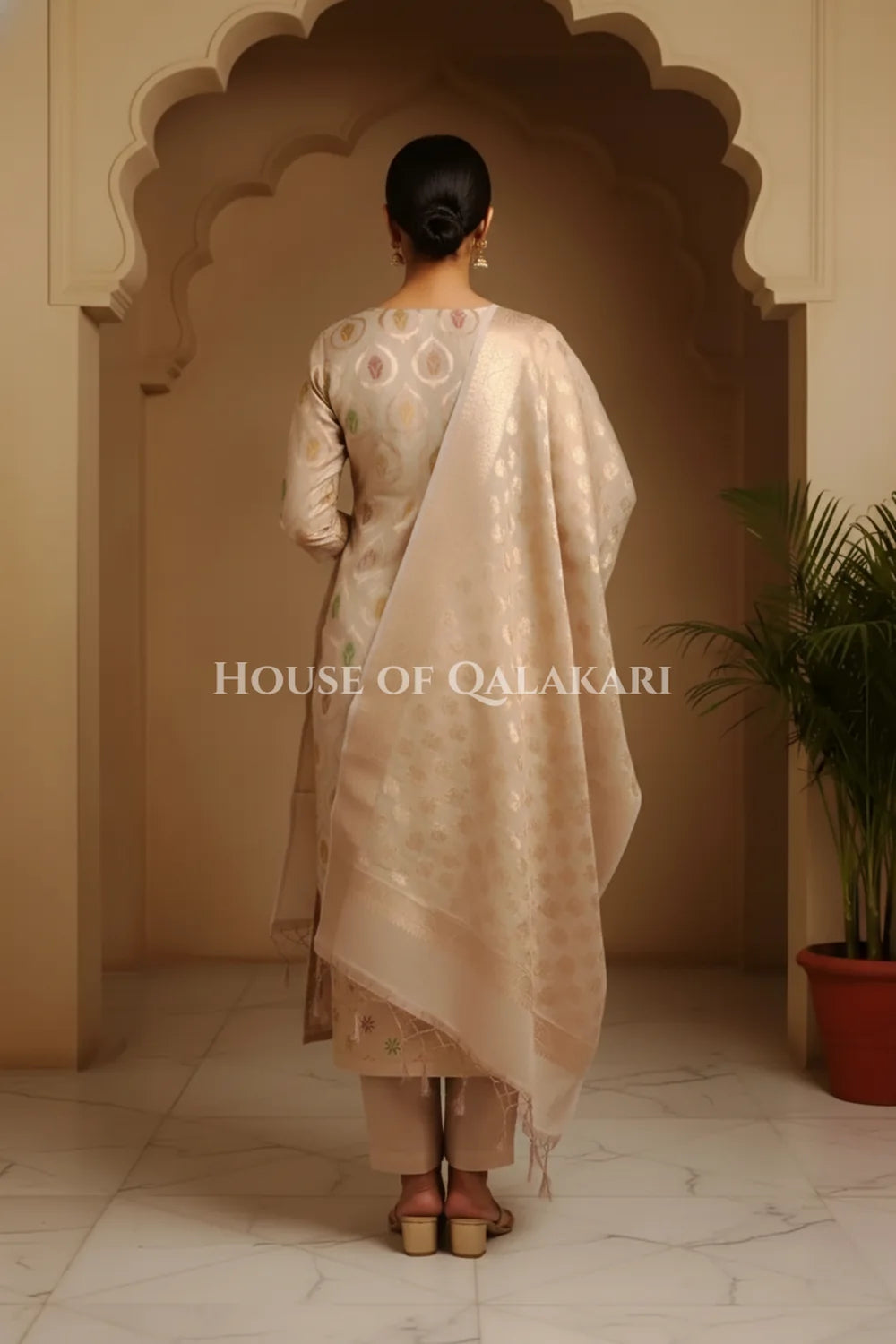 Banarasi Chanderi Cotton Unstitched Dress Material in Rose Gold and with matching floral vine jaal dupatta – back pose