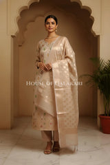 Banarasi Chanderi Cotton Unstitched Dress Material in Rose Gold and with matching floral vine jaal dupatta – front pose